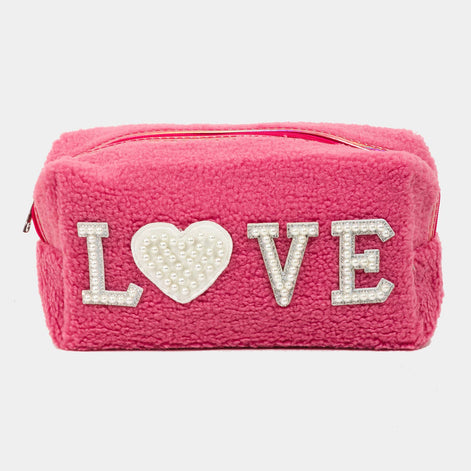 Pearly Studded Love Sherpa Make up Pouch