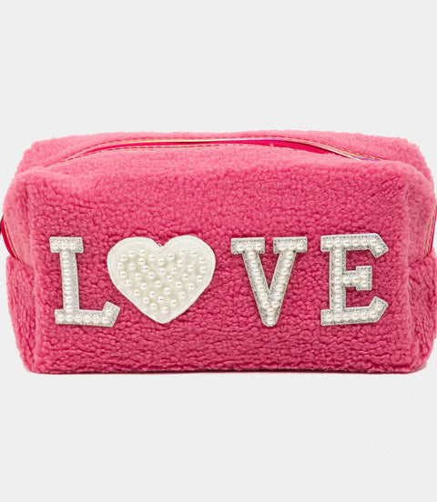 Pearly Studded Love Sherpa Make up Pouch