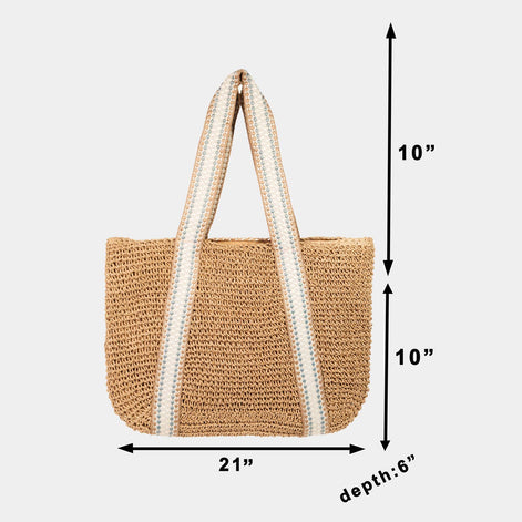 Embroidered Strap Straw Knit Tote Bag: