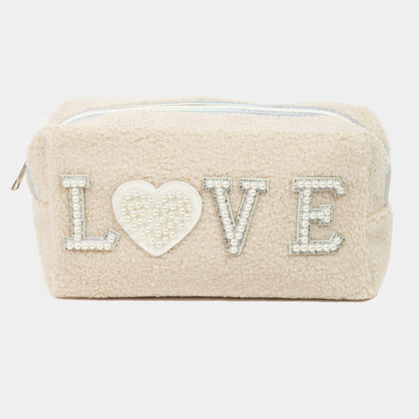 Pearly Studded Love Sherpa Make up Pouch