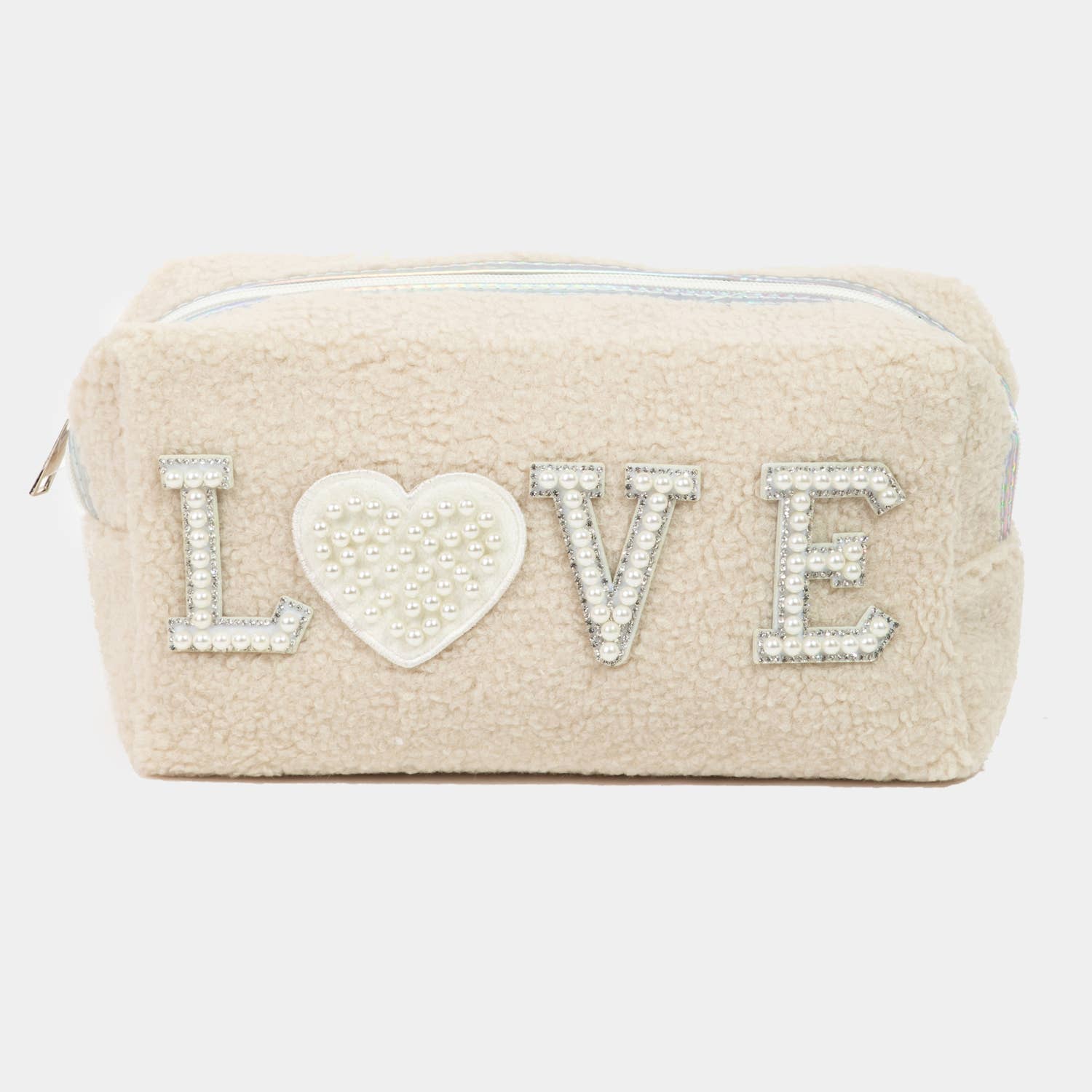 Pearly Studded Love Sherpa Make up Pouch