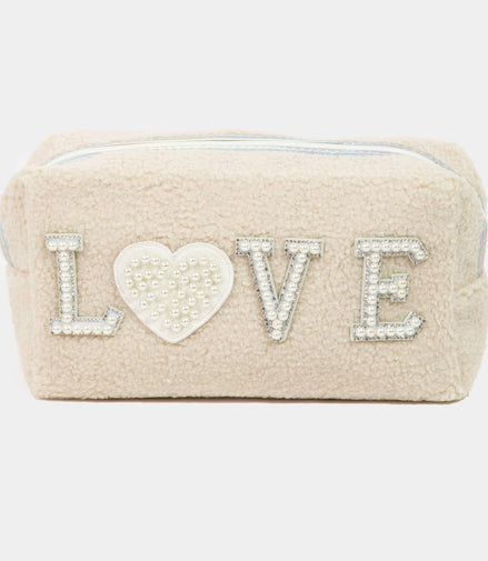 Pearly Studded Love Sherpa Make up Pouch