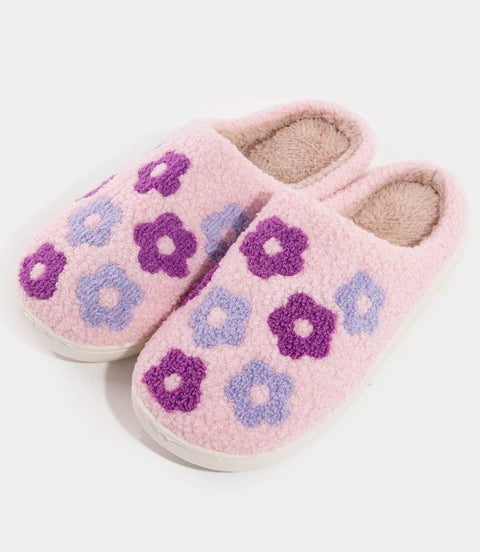 Fuzzy Purple Floral Slippers for Indoor