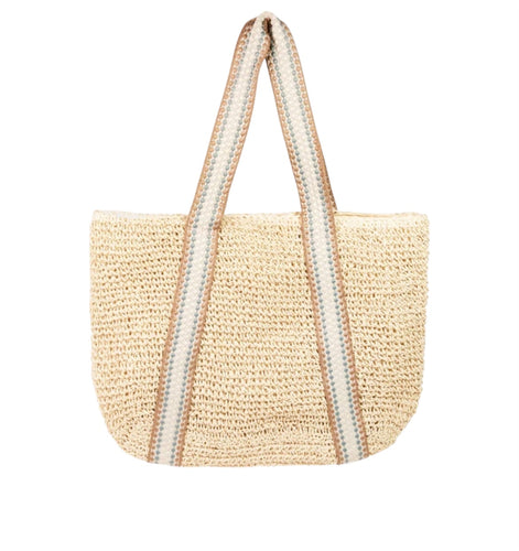 Embroidered Strap Straw Knit Tote Bag:
