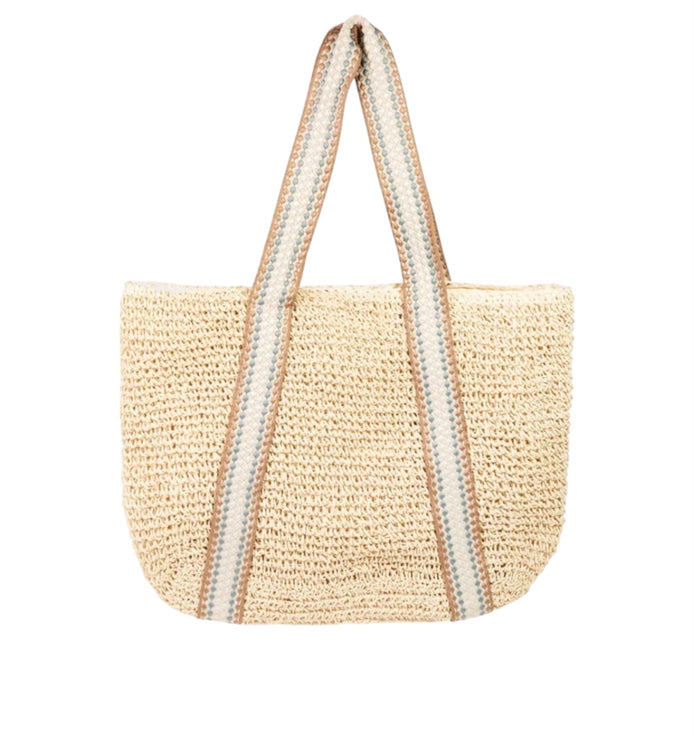 Embroidered Strap Straw Knit Tote Bag: