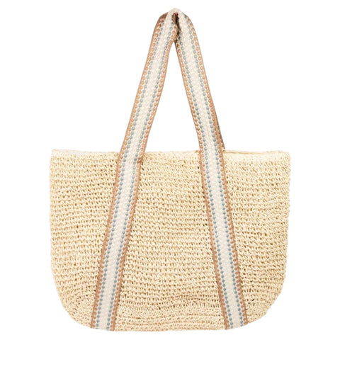 Embroidered Strap Straw Knit Tote Bag: