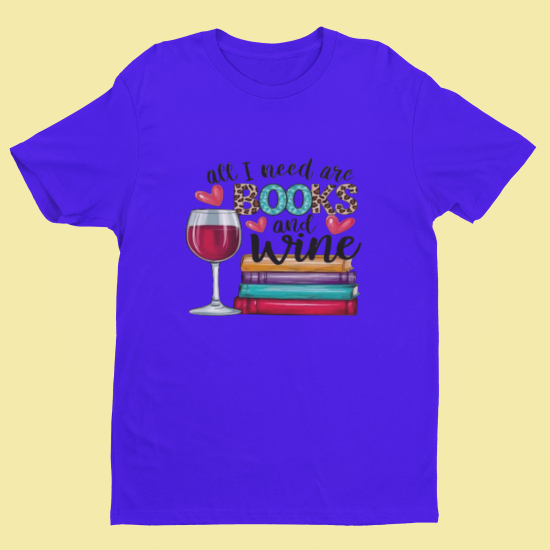 Purple t-shirt with 'books and wine' graphic on a yellow background