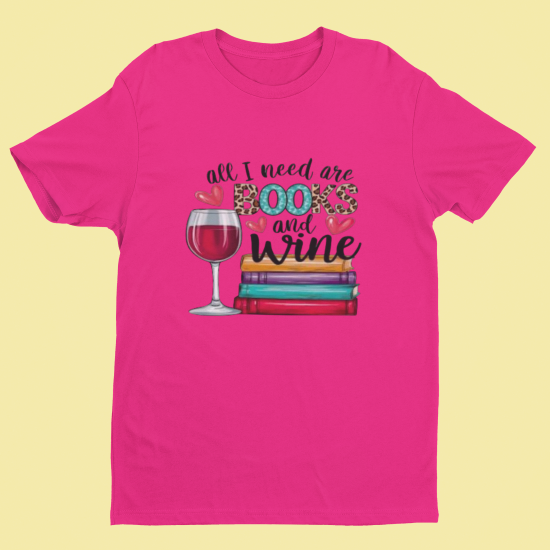 Pink t-shirt with 'books and wine' graphic on a yellow background