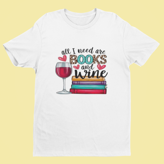 White t-shirt with 'books and wine' graphic on a yellow background