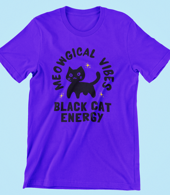 Purple t-shirt with black cat graphic and text on a light blue background