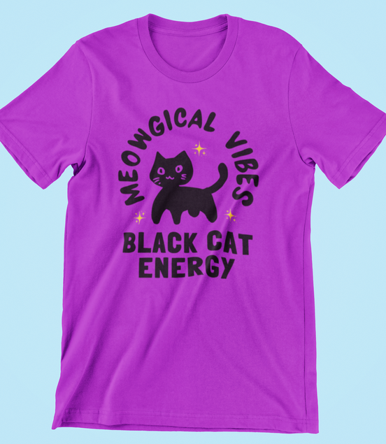 Purple t-shirt with black cat graphic and text on a light blue background