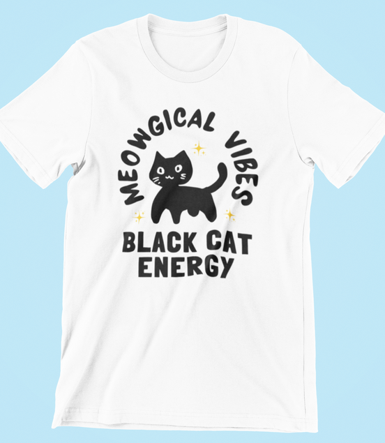 White t-shirt with black cat graphic and text on a light blue background