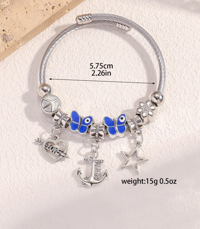 Silver Stainless Steel Bracelet with 2 Butterflies charms, Heart, Star and anchor shape Charms