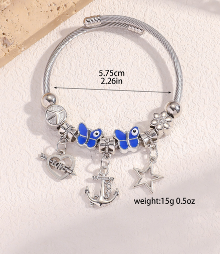Silver Stainless Steel Bracelet with 2 Butterflies charms, Heart, Star and anchor shape Charms