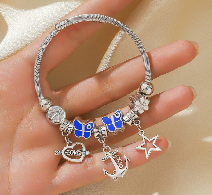 Stainless Steel Blue Butterfly Charms Bracelet