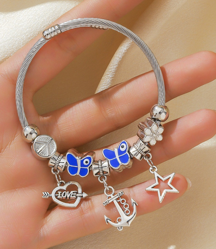 Stainless Steel Blue Butterfly Charms Bracelet