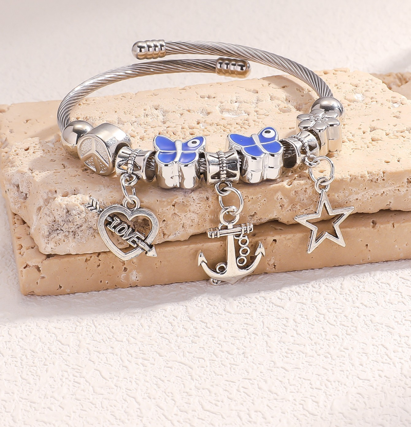 Silver Stainless Steel Bracelet with 2 Butterflies charms, Heart, Star and anchor shape Charms