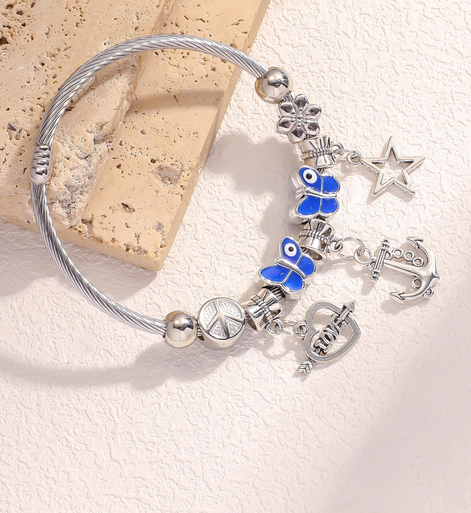 Silver Stainless Steel Bracelet with 2 Butterflies charms, Heart, Star and anchor shape Charms