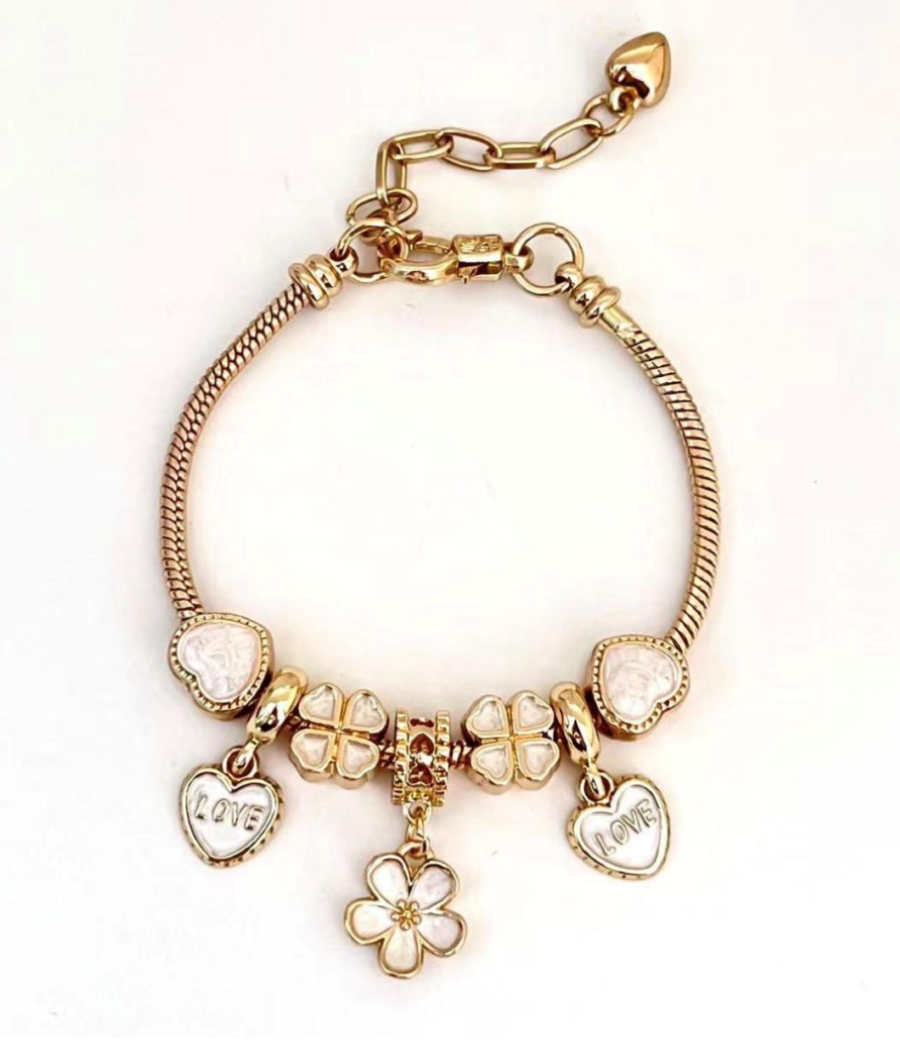 Gold Bracelet with clover, flowers and heart shape charms