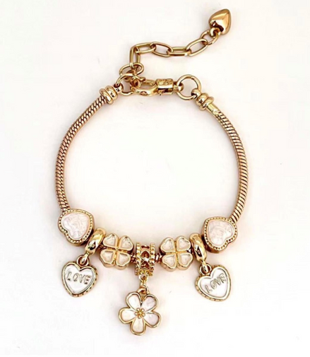 Gold Bracelet with clover, flowers and heart shape charms