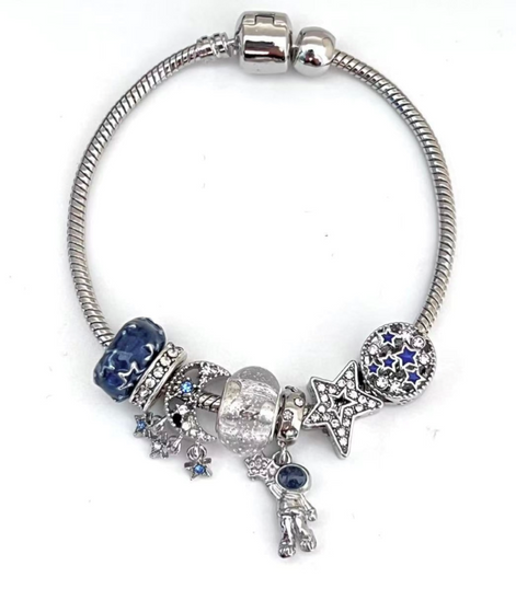 Silver Bracelet with blue accents, blue stars dreamy charms