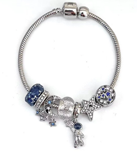 Silver Bracelet with blue accents, blue stars dreamy charms