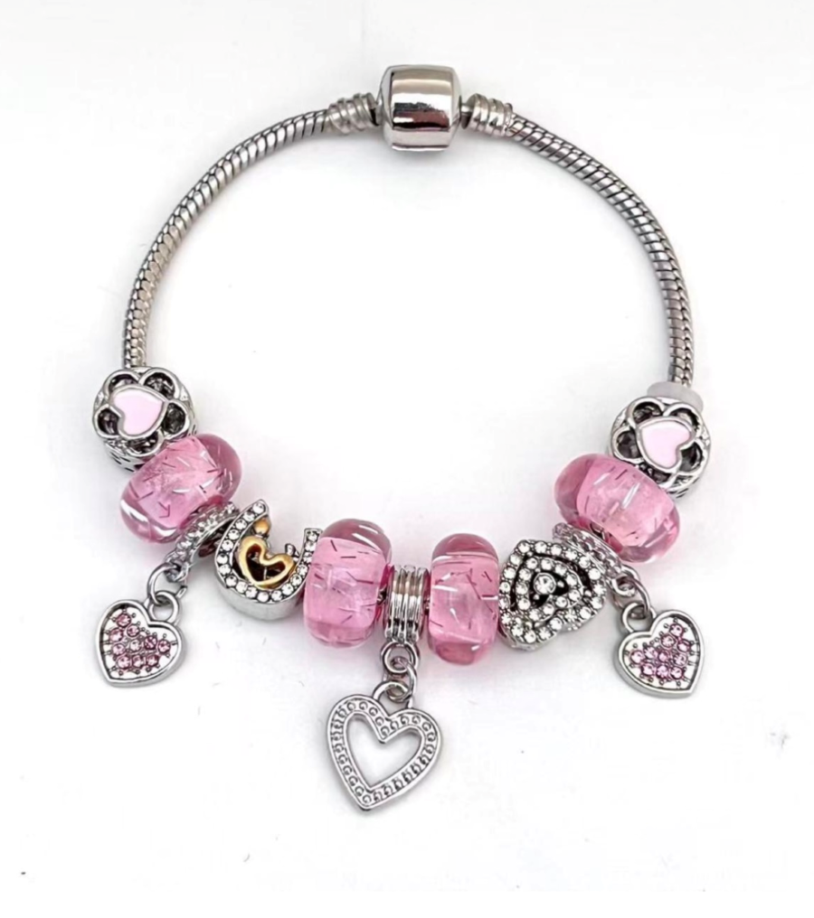 Silver Bracelet with pink crystal bead, 3 heart shape charms