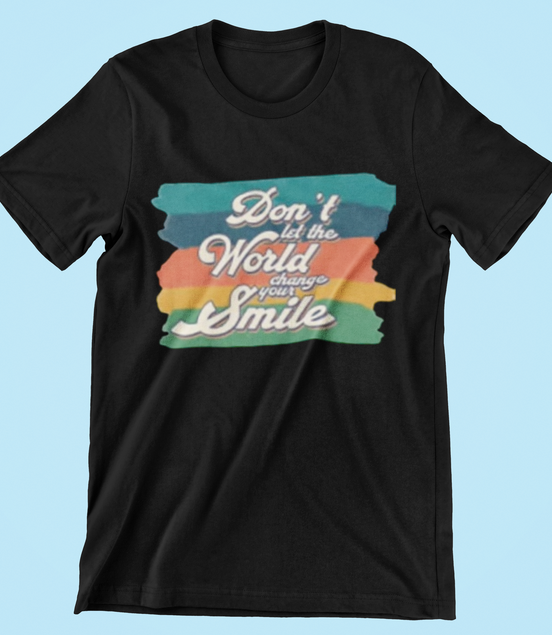 Black t-shirt with colorful graphic and text on a light blue background