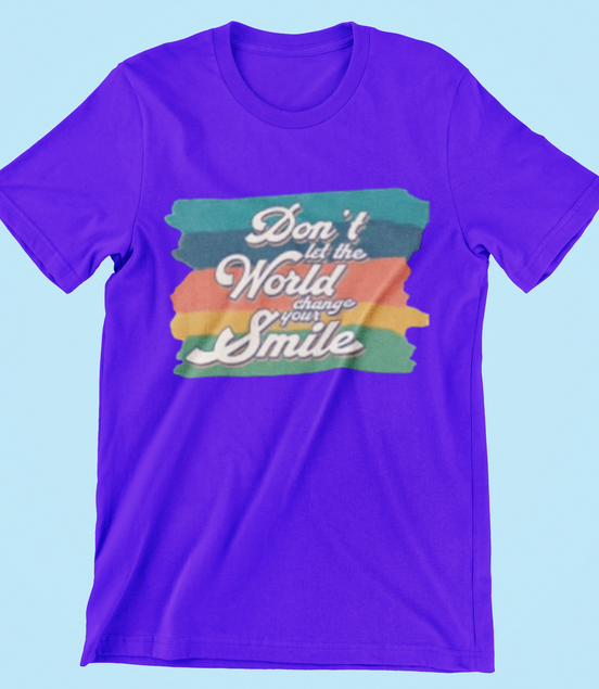 Purple t-shirt with colorful graphic and text on a light blue background