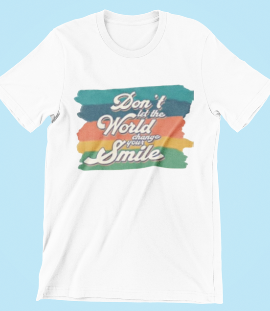 White t-shirt with colorful graphic and text on a light blue background