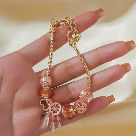 Gold Plated Dream Catcher Heart Charm Bracelet DIY Large Hole Beads Dream Catch Charm