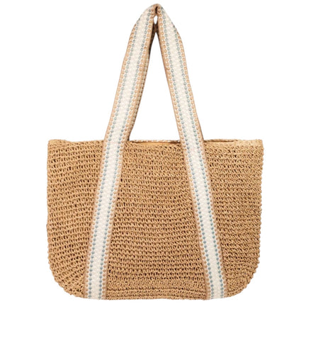 Embroidered Strap Straw Knit Tote Bag: