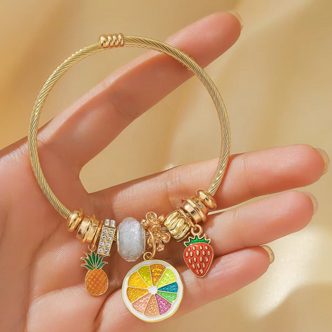 Fashion Stainless Steel Charm Bracelets Colorful Fruits Charms Big Hole Beads Jewelry for Childhood