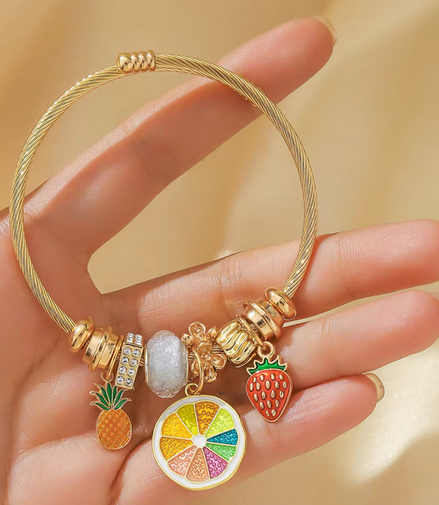 Fashion Stainless Steel Charm Bracelets Colorful Fruits Charms Big Hole Beads Jewelry for Childhood