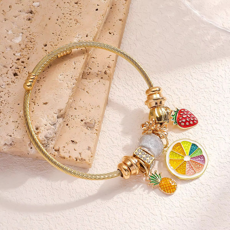 Fashion Stainless Steel Charm Bracelets Colorful Fruits Charms Big Hole Beads Jewelry for Childhood