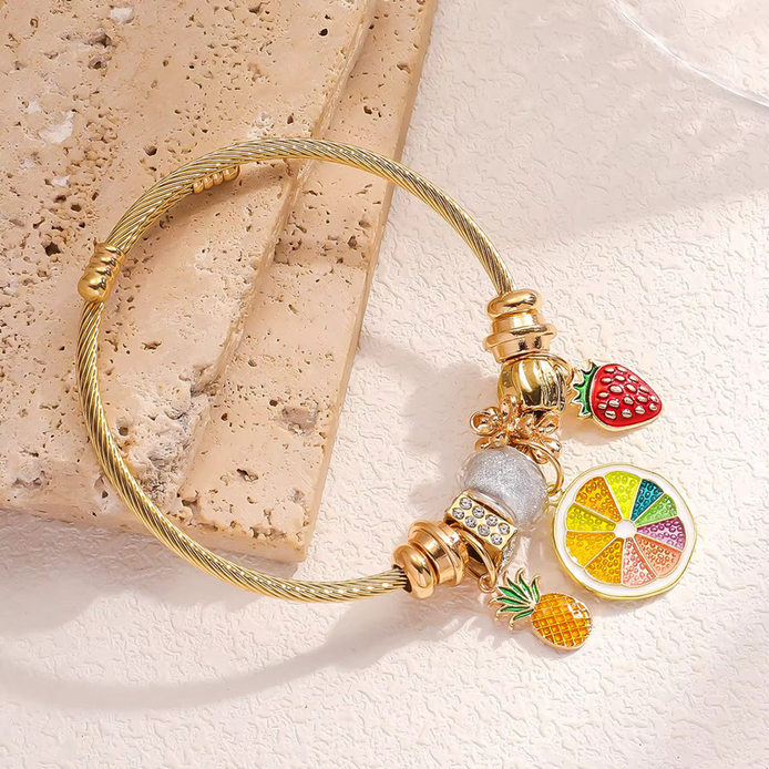 Fashion Stainless Steel Charm Bracelets Colorful Fruits Charms Big Hole Beads Jewelry for Childhood