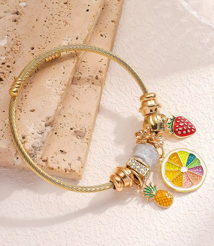 Fashion Stainless Steel Charm Bracelets Colorful Fruits Charms Big Hole Beads Jewelry for Childhood