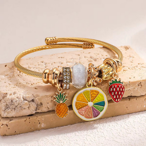 Fashion Stainless Steel Charm Bracelets Colorful Fruits Charms Big Hole Beads Jewelry for Childhood
