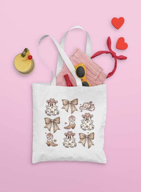 Tote bag with cowboy and cowgirl designs on a pink background
