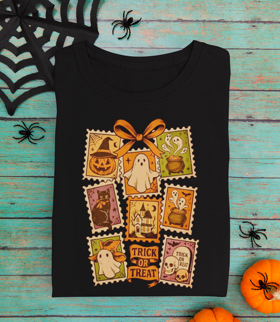 Black t-shirt with Halloween-themed design on a wooden surface with decorative elements.