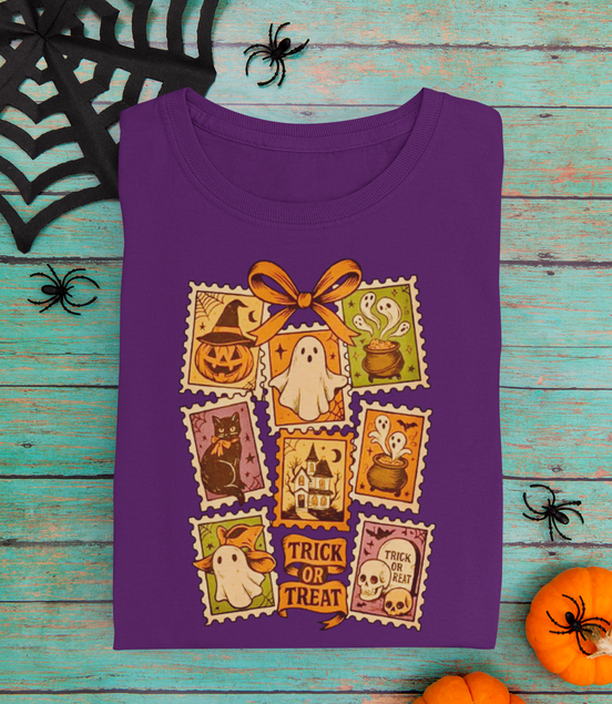 Purple t-shirt with Halloween-themed postage stamps design on a wooden surface.