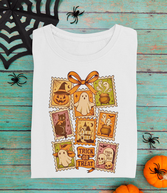 White t-shirt with Halloween-themed design on a wooden surface with decorative elements.