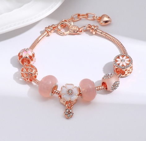 Heart Bracelet with Pink Bead Zircon Flower Charm