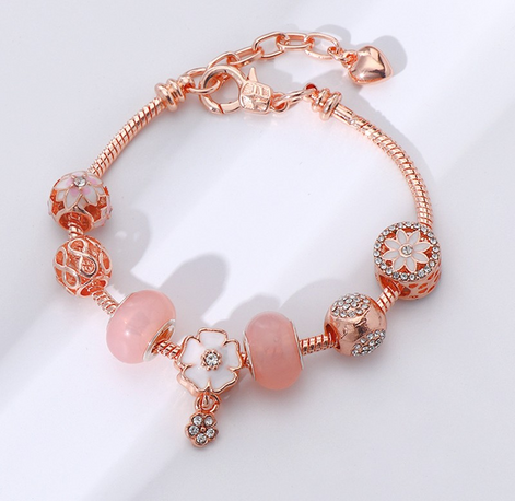 Heart Bracelet with Pink Bead Zircon Flower Charm