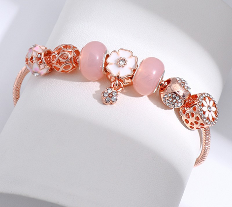 Heart Bracelet with Pink Bead Zircon Flower Charm