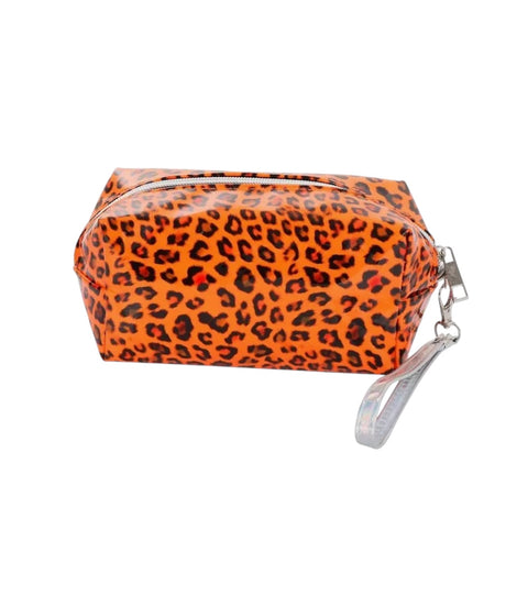 Orange cosmetic bag with leopard print pattern on a white background