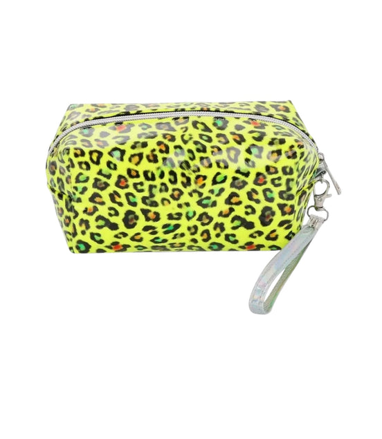 Yellow cosmetic bag with leopard print pattern on a white background