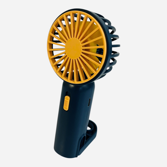 Handheld fan with yellow blades and black handle on a white background