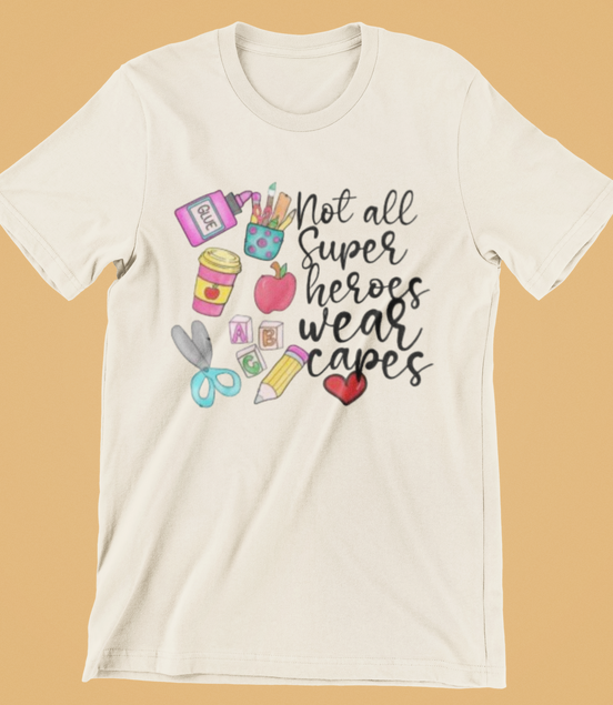 White t-shirt with colorful graphics and text on a beige background