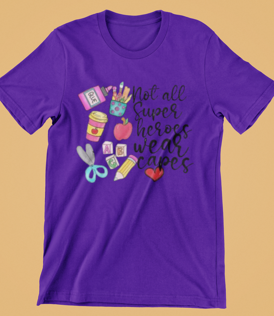 Purple t-shirt with educational-themed design and text on a beige background